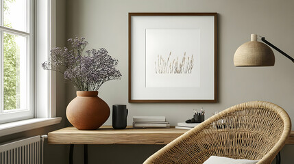 Minimalist Home Decor with Rattan Chair and Dried Flowers