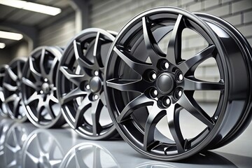 Fototapeta premium Black wheels with white numbers in the counter Long Shot