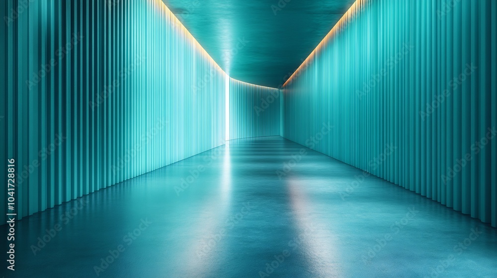 Poster vibrant teal panelled wall background with wide slats and a glossy finish adding a pop of color and 