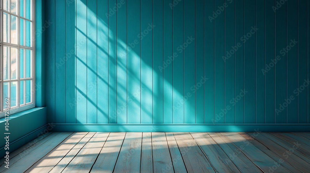 Poster vibrant teal panelled wall background with wide slats and a glossy finish adding a pop of color and 