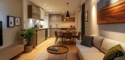 A stylish small apartment featuring an open-concept living area with a compact kitchen, a cozy dining nook, and a comfortable sofa, all arranged efficiently to maximize space.