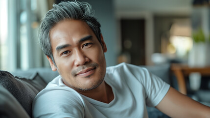 Fototapeta premium Middle-aged Asian man smiling comfortably in a modern home.