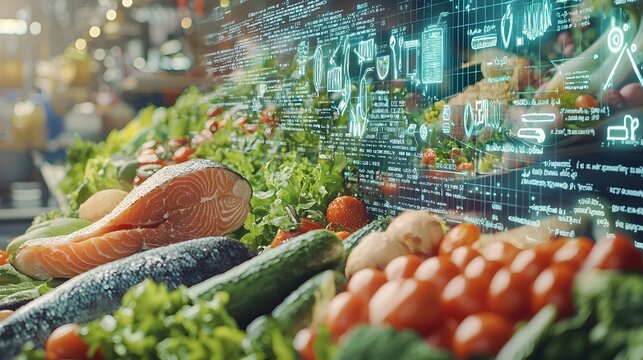 A stylish and contemporary kitchen design featuring futuristic hologram technology that projects personalized nutrition information enabling homeowners to make data driven