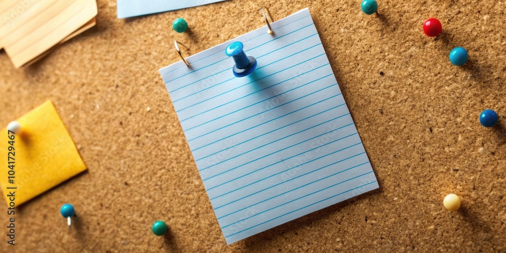 Poster a blank lined note pinned to a cork board with colorful push pins