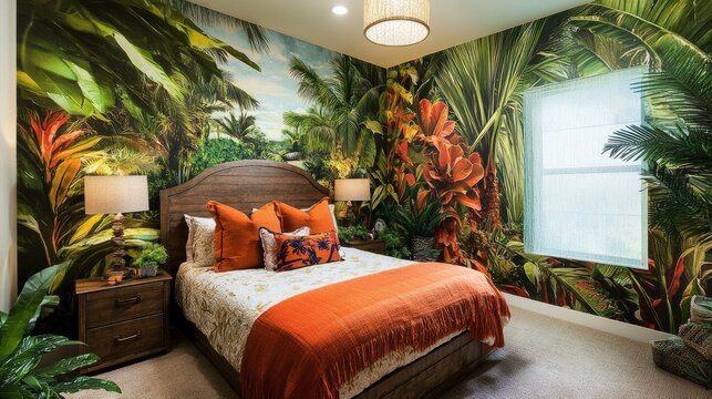A cozy bedroom with a vibrant jungle-themed mural, transforming the space into a tropical paradise