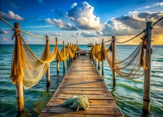 Obraz premium Wooden pier extending into the ocean with fishing nets hanging, ideal for marine and nature themes