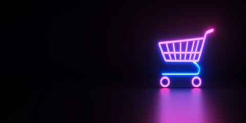 Shopping cart vintage neon signage in purple color. Wide black banner with copy space. Modern concept for sale or discount announcement, perfect for black friday, world shopping day or cyber monday.