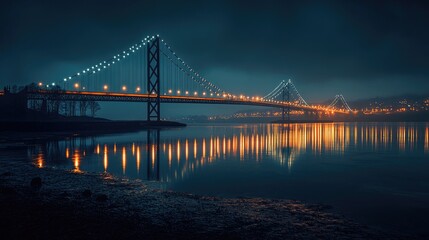 Obraz premium Serene Night View of Illuminated Bridge and Reflections