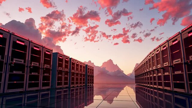 Animation Rows of powerful servers work tirelessly, ensuring seamless communication and data access in a hyper-connected world.