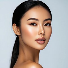 Fototapeta premium Portrait of a Stunning Asian Woman with Flawless, Radiant Skin, Emphasizing Her Beauty Routine and Facial Care Treatments for a Youthful and Vibrant Appearance