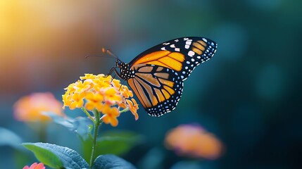 Obraz premium A butterfly resting on a freshly bloomed flower in a spring garden