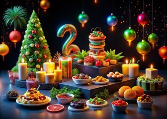 2021 New Year Celebration with Colorful Isometric Numbers on Black Background for Festive Food Photography