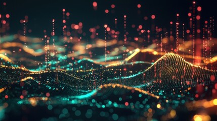 Digital Eon: Abstract Glowing Dots and Lines in a Data Flow Landscape