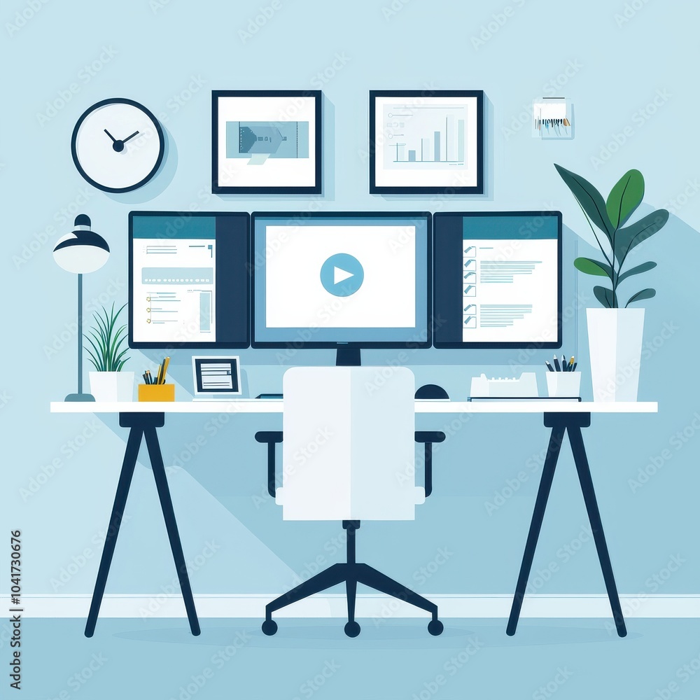 Poster modern home office with multiple monitor setup