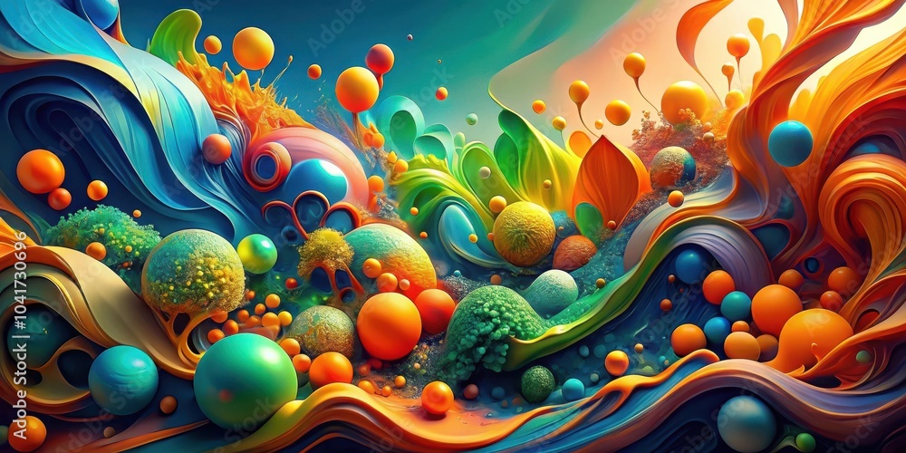 Leinwandbilder a vibrant abstract landscape with swirling colors and floating spheres, creating a surreal and mesme