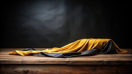 black and yellow draped fabric over wooden table with dark background