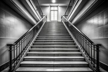 Obraz premium Black and white photograph of a stairway in a building with shallow depth of field