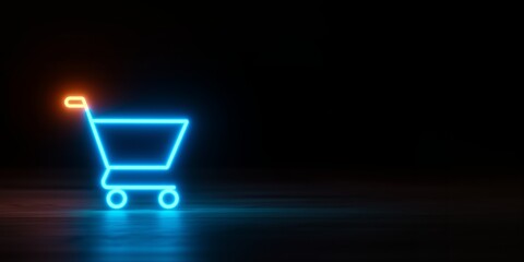 Shopping cart vintage neon signage in blue and orange. Wide black banner with copy space. Modern concept for sale or discount announcement, perfect for black friday, world shopping day or cyber monday