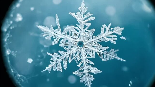 stunning 4K video showcases intricate structure large snowflake observed microscope revealing detailed beauty crystalline formation black background smooth focus transitions big crystal