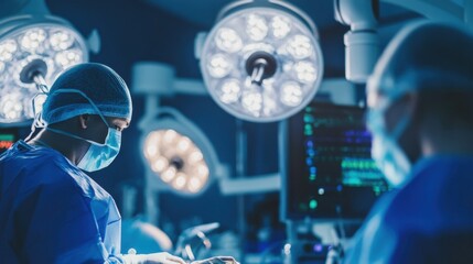 Obraz premium A robotic surgeon performing a minimally invasive surgery, high-tech and sterile operating room with advanced medical equipment, Surgical Robotics style