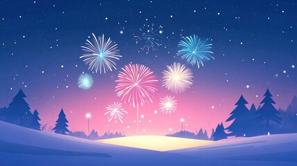 Naklejka premium Festival fireworks at sky background. New Year and Christmas greeting and invitation postcard design. Space for text, presentation. Poster, cover or banner. with generative ai