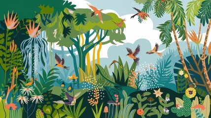 Vibrant tropical paradise a lush landscape filled with colorful birds exotic flora and serene nature scenes inviting adventure and exploration