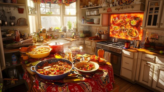 A photograph of a sleek contemporary and highly advanced futuristic kitchen where holograms display cooking progress and relevant data for multiple dishes simultaneously