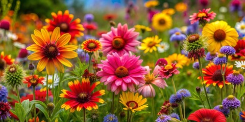Fototapeta premium Vibrant Wildflower Clusters in Full Bloom Showcasing Nature's Colorful Beauty in a Lush Landscape