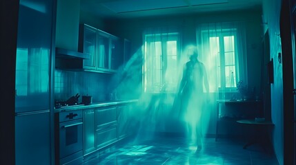 A photograph of a sleek contemporary kitchen interior featuring a futuristic holographic display system that projects an interactive meal planning and organization interface