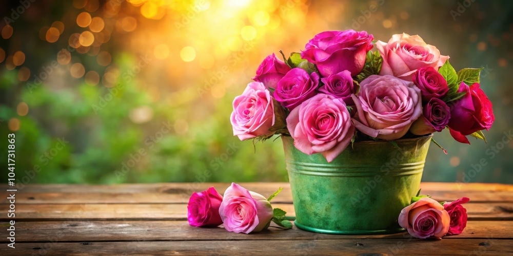 Poster A Bouquet of Delicate Pink and Fuchsia Roses in a Green Bucket on a Wooden Table with a Bokeh Background