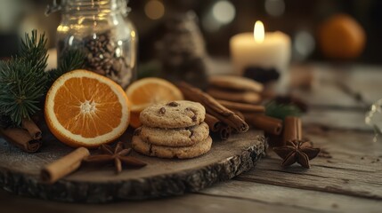 Christmas decorations including spices, orange slices, and biscuits on a rustic wooden background, creating a warm holiday feel, captured in 8K.