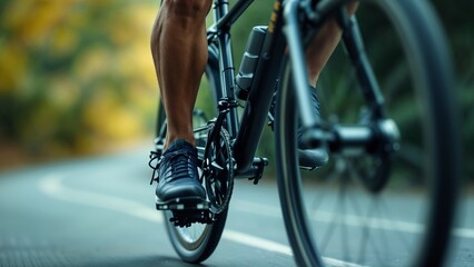 Naklejka premium Cyclist's Feet Pedaling on Road Bike Against Blurred Asphalt Background
