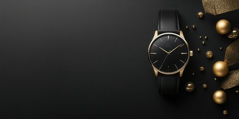 Elegant black watch with gold accents on a black background, stylish accessories.