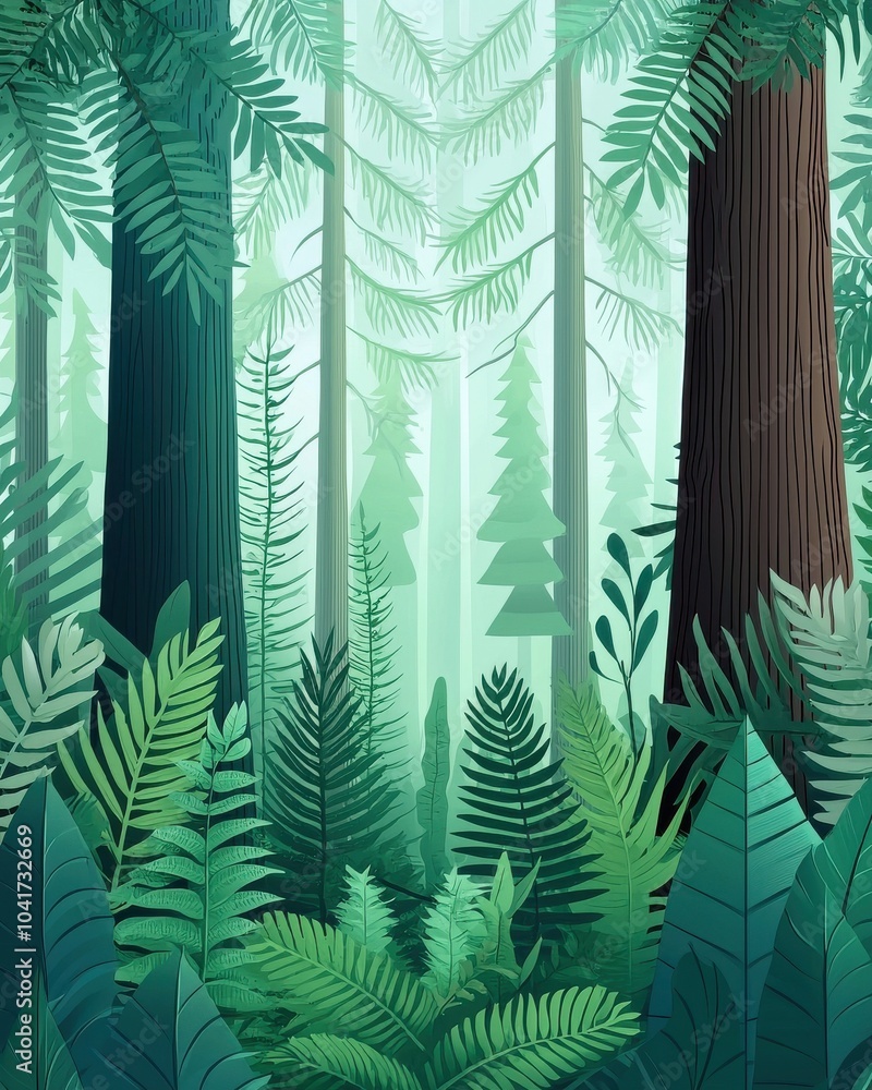 Poster serene ancient forest with towering redwoods and ferns