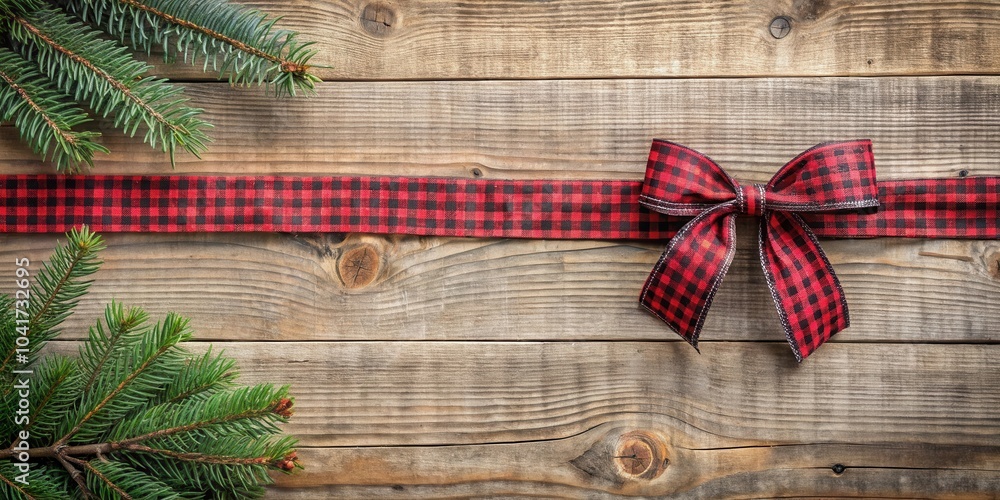 Poster rustic wooden background with red and black checkered ribbon bow and pine branches