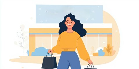 Fototapeta premium Smiling woman holding shopping bags outside retail store, cheerful shopping atmosphere.