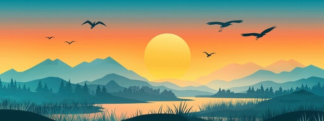 Serene Sunset Over Protected Wetland with Herons