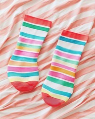 Obraz premium Flat lay of socks for National Sock Day concept background. Colorful striped socks on a soft textured background showcasing vibrant hues and playful design