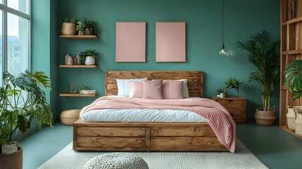 Modern Bedroom Design with Wooden Bed, Green Walls, and Plants