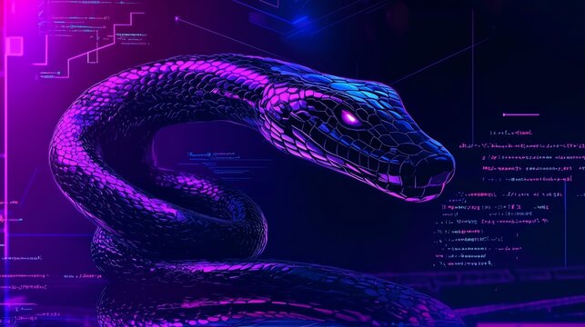 A digital snake symbolizes python programming, with code snippets in a futuristic setting.