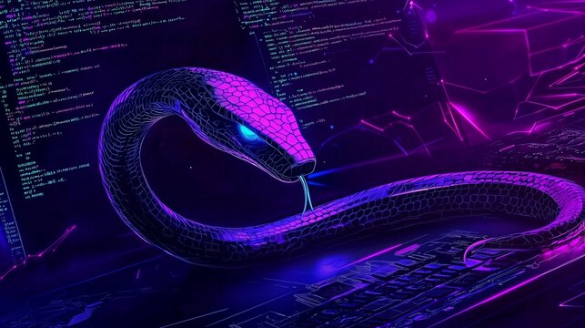 A digital snake intertwined with code, symbolizing python programming basics.