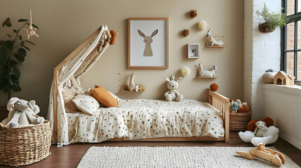Cozy Nursery Design with Wooden Bed, Stuffed Animals, and Natural Decor