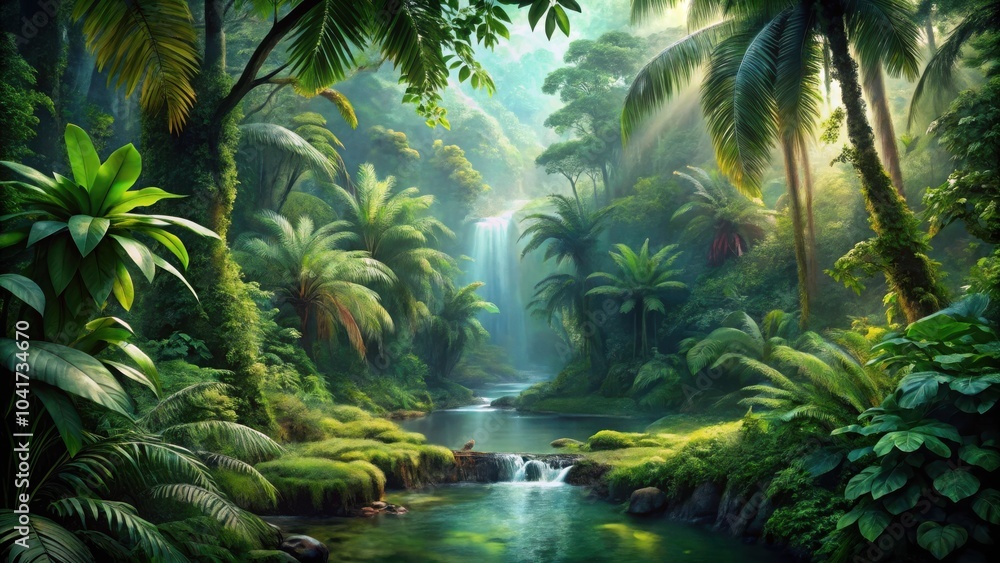 Poster sunlight filters through the lush canopy of a tropical rainforest, illuminating a hidden waterfall c