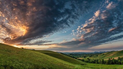 A panoramic view of rolling hills under a dynamic sky