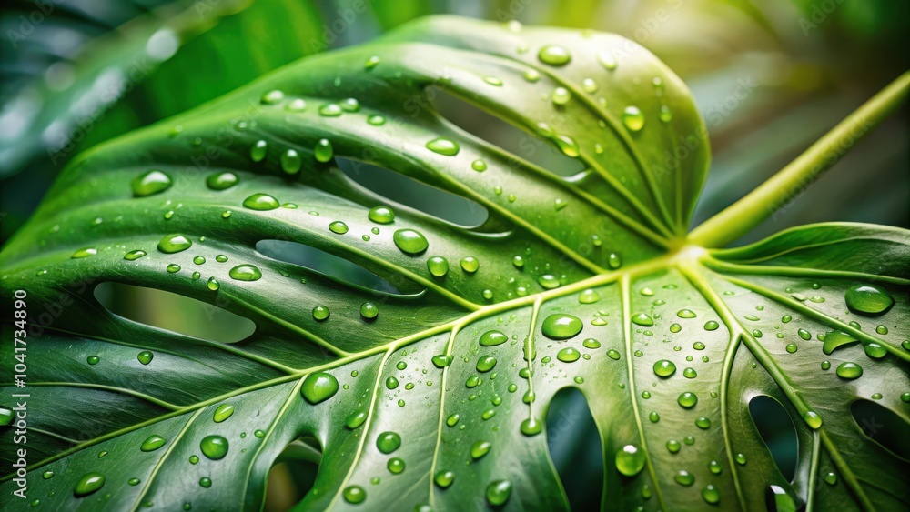Poster close-up view of a vibrant green leaf with dew drops, reflecting light and creating a sense of tranq