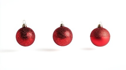 Set of three red Christmas balls falling against a clean white background, showcasing holiday ornaments, creating a festive visual, captured using an SLR camera.