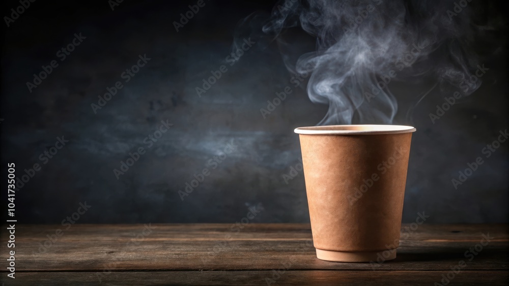 Poster a single cup of coffee, steaming and awaiting its drinker on a rustic wooden table