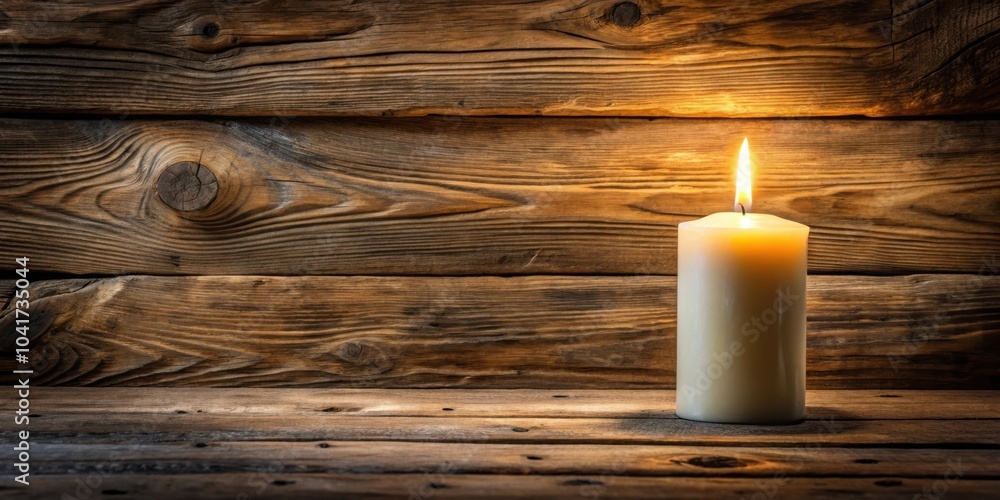 Poster a single candle burning brightly on a rustic wooden surface, casting a warm glow on the surrounding 