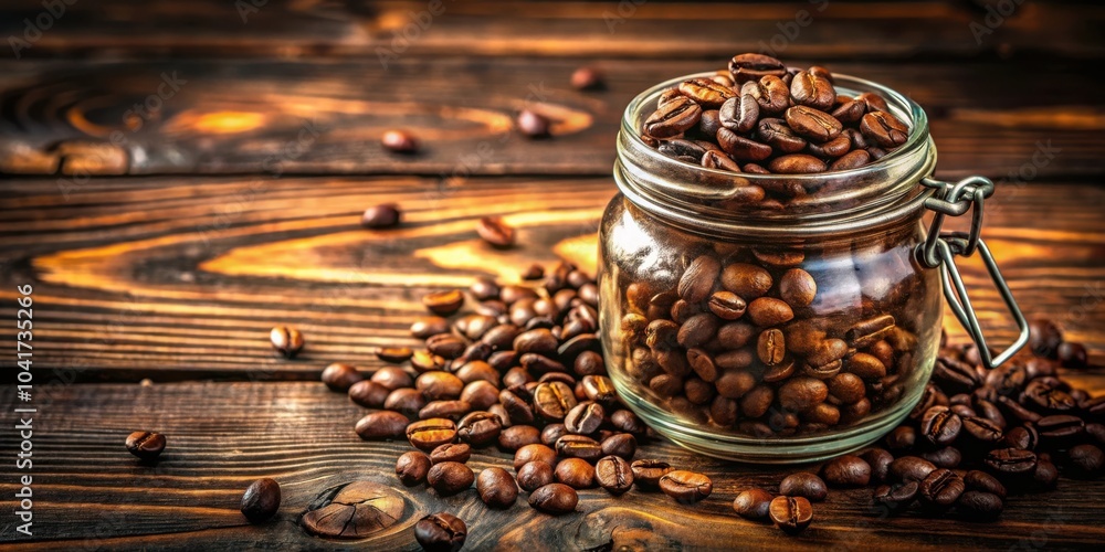Aufkleber a glass jar filled with aromatic coffee beans rests on a rustic wooden surface, surrounded by scatte