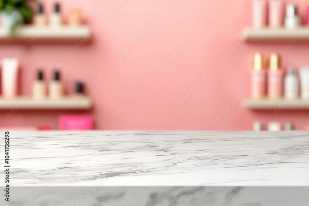 Aufkleber white marble countertop is providing space for displaying products with shelves full of beauty produ